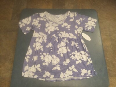 Boutique Women's Plus Size 1X Blue & White Floral & Striped Top NEW