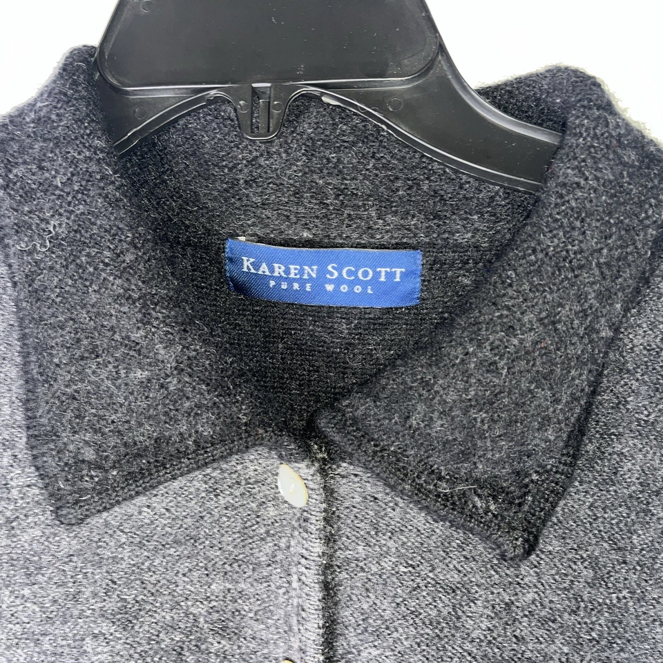 Cárdigan Karen Scott de lana pura para mujer talla grande gris bordado Foto 2 de 4
