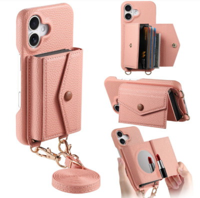 Cute Mirror Women Leather Card Holder Wallet Shoulder Bag Phone Back Case Cover