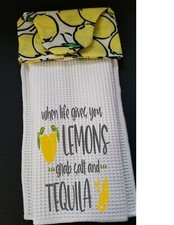 Hanging Kitchen Dish Towel with Snap Closure LEMONS GRAB TEQUILA Handmade