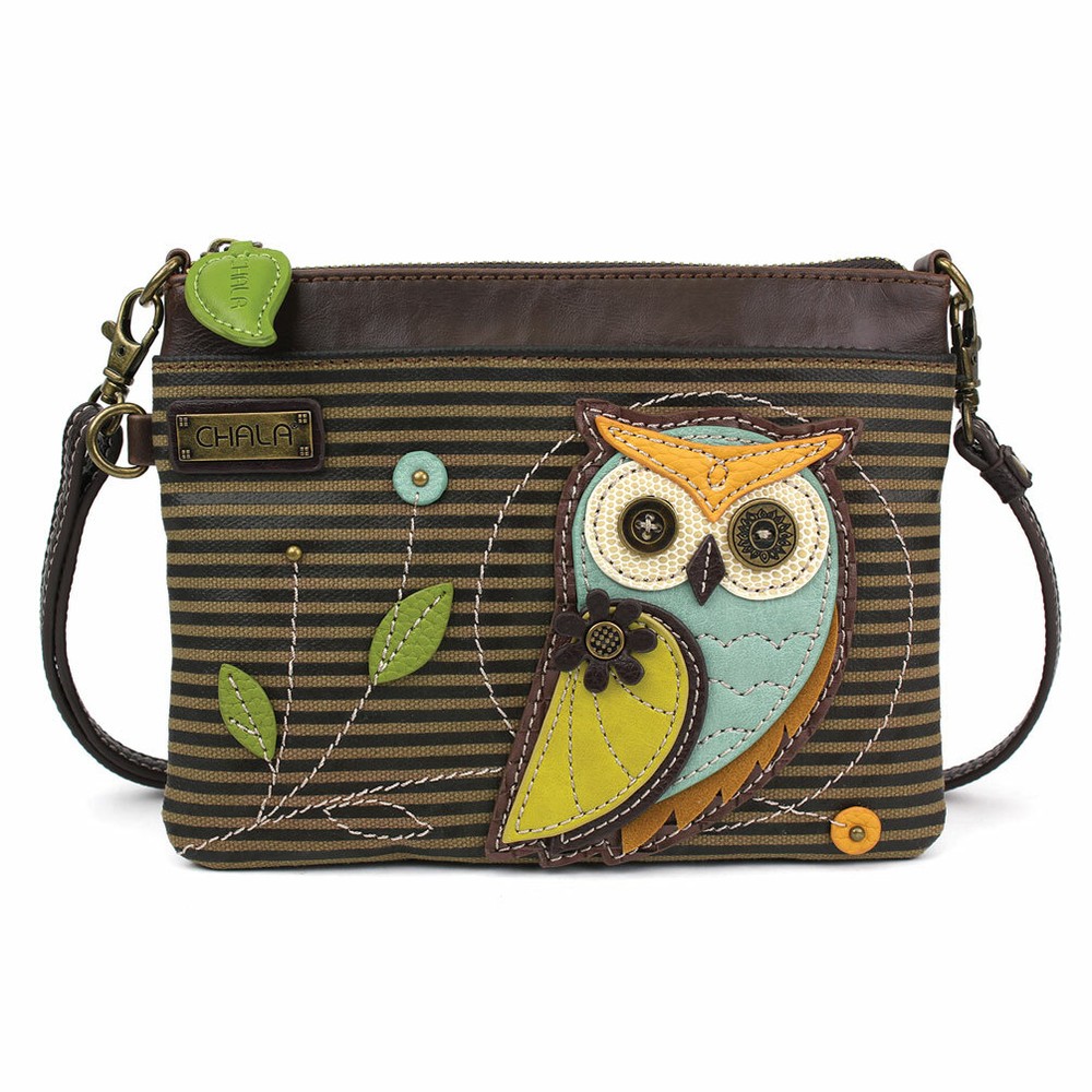 NEW CHALA OLIVE BROWN STRIPE WISE OWL BIRD MINI CROSSBODY CELL PHONE PURSE BAG