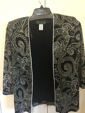 Alex Evenings Women's Sequin Jacket Black  White  Silver Trim Paisley Size Med