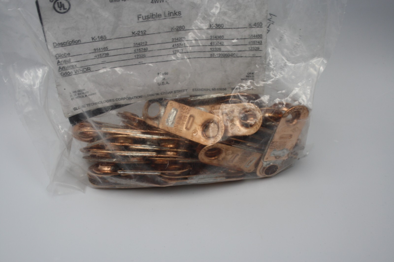 K Fusible Link BY Globe Technologies 50 PACK TEMP RATING 360 DEG F