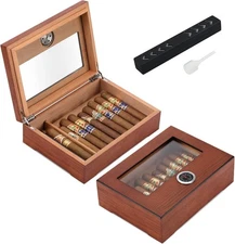 TISFA Cigar Humidor, Glass Top Box with Hygrometer Humidifier and Brown 