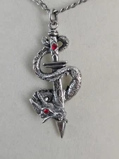 Gothic Pewter Dragon Wrapped Around Sword Pendant Necklace 19" Chain JPI 2007