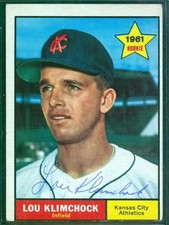 120, Original Autograph, 1961 Topps Baseball Card #462, Lou Klimchock, Athletics