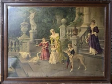 Antique Victorian Collotype Or Chromolithograph Elegant Ladies Children Scene 