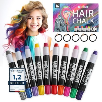 Haarkreide für Kinder Set 10 Farben & 5 Haargummis Auswaschbar Karneval
