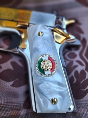 1911 White Pearl Grips ''MEXICAN EAGLE /FLAG  Gold Plated  Colt 45 38 super  