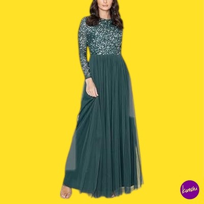 MAYA DELUXE Damen Maxikleid, verziertes Langarm, Smaragd, UK 20 | EU 48