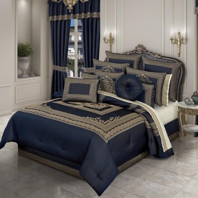 J Queen New York Excelsior Queen Comforter Set 6 PC Royal Blue & Gold $693 NIP