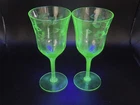 Set of 2 Flower Etched Green Uranium Depression Wine Glasses Glowing Glass