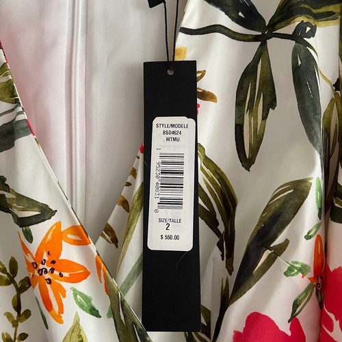 Badgley Mischka White Floral Print Midi Dress Puff Sleeves Size 2 $550 New - Picture 8 of 9