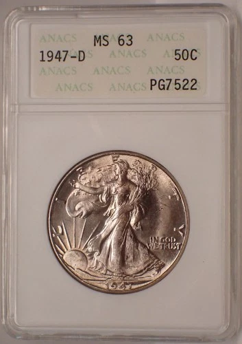1947-D Walking Liberty 50c ANACS MS63 Gen 2 Soapbar Old Holder SWH Soapbox Toned