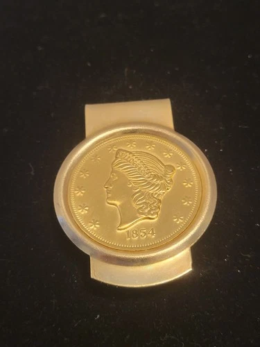 Vintage Money Clip With 1854 Liberty Head Replica Coin Kellogg & CO Made In USA