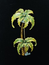 Tropical Palm Tree Brooch Pin Blue Crystal Stone Accents Green Enamel