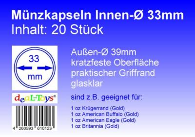 20 Münzkapseln 33mm, geeignet für 1 oz Krügerrand (Gold), 1 oz American Eagle