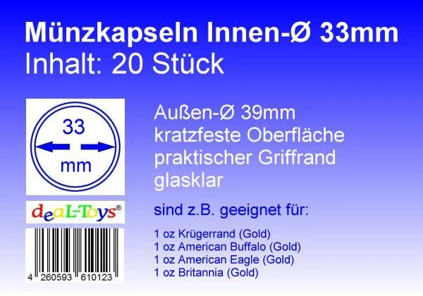 DEAL-TOYS® 20 Münzkapseln 33mm, geeignet für 1 oz Krügerrand (Gold), 1 oz American Eagle