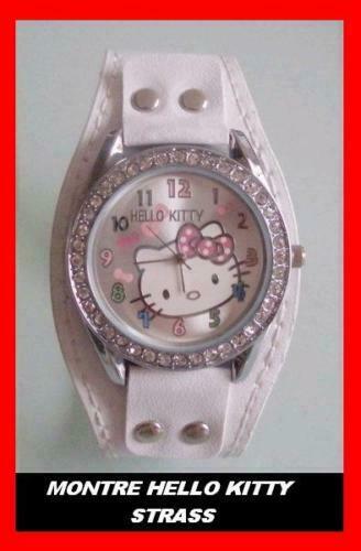 HELLO KITTY CHAT MONTRE BRACELET CUIR CLOU ACIER BIJOU DIAMANT BLANC FILLE FEMME - Imagen 1 de 1