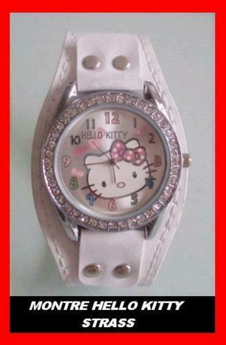 HELLO KITTY CHAT MONTRE BRACELET CUIR CLOU ACIER BIJOU DIAMANT BLANC FILLE FEMME - Photo 1/1