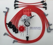 SMALL BLOCK CHEVY RED Small CAP HEI Distributor & SPARK PLUG WIRES under exhaust