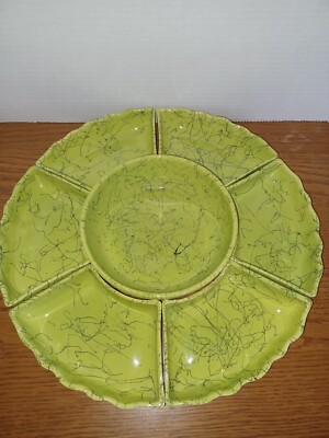 1950's MCM Sylvan California Pottery Relish Tray ~Atomic Green Spaghetti Pattern