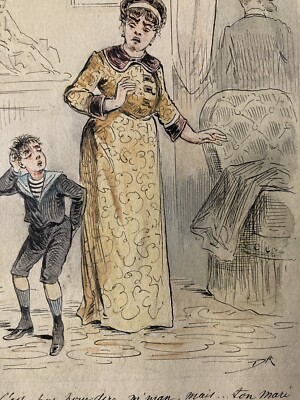 Schöner DESSIN Humoristisch ORIGINAL Humor Kind Eltern Chic Tinte Aquarell 1900