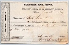 1847 Boston, MA Northern Railroad Treasurer Stock Receipt - 10 @$10ea "Abel Low"