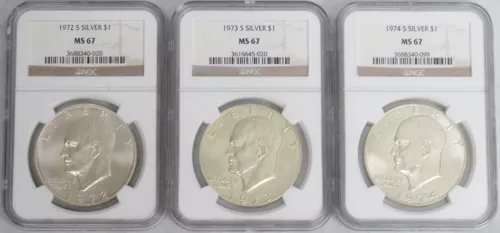 1972 S - 1974 S SILVER EISENHOWEVER DOLLAR 3 COINS NGC MS 67