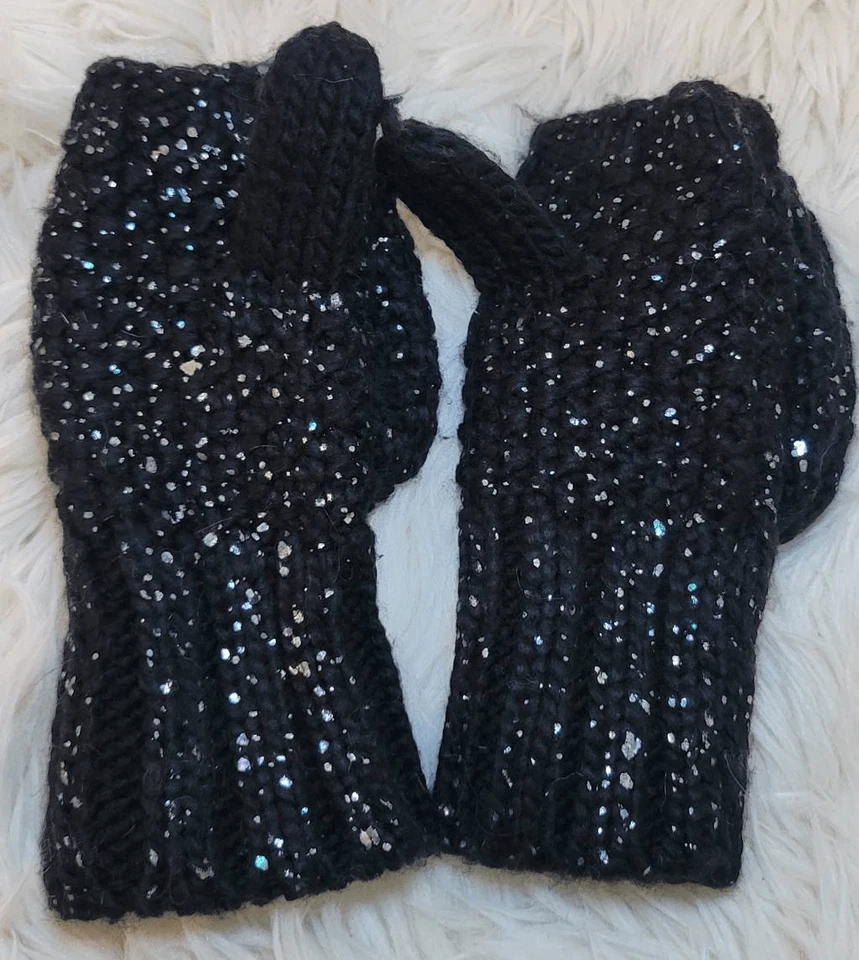 Mitones de dedo abiertos traseros con botones brillantes negros azul marino antiguos tejidos acrílicos niño S-M Yo Foto 3 de 4