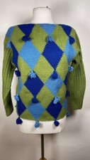 Vintage 1960's harlequin boatneck wounded hand knit sweater w pompoms as is
