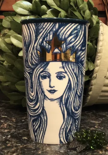 Starbucks 2016 Anniversary BLUE SIREN GOLD CROWN Ceramic Travel Tumbler PRISTINE