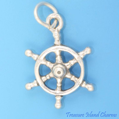 Captain's Wheel Ship Helm 3D 925 Solid Sterling Silver Charm Pendant MADE IN USA