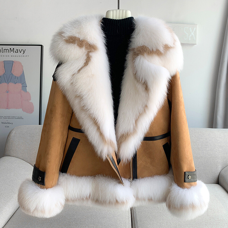 Fox Fur Jacket Women's Big Fur Collar Down Parka Suede