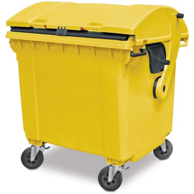 Müllcontainer nach EN 840, 1100 Liter, Runddeckel, mit Aufnahme-Kammleisten,gelb