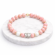 Natural Pink Turquoise Jasper White Jade 8mm Stretch Bracelet with Heart Charm