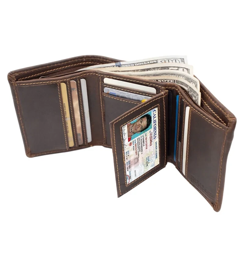 Brown Cowhide Genuine Leather Men's Trifold Premium Wallet Center Flap - Image 2 of 4