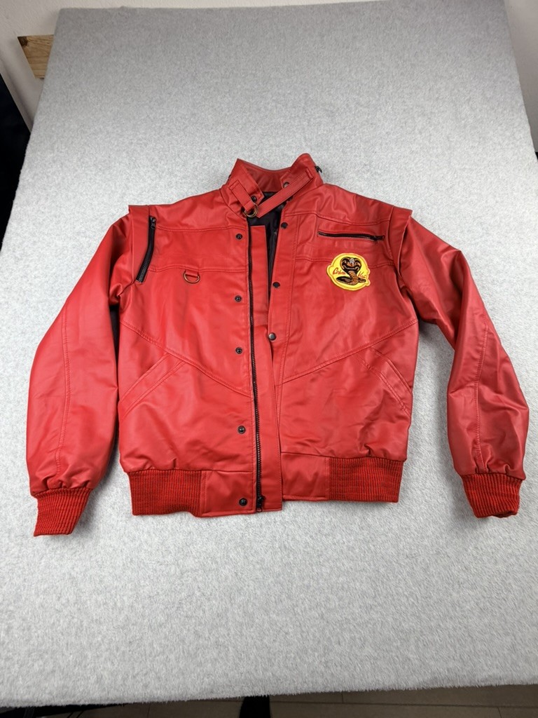 Cobra Kai Mens Bomber Jacket M Red Logo Patch Full Zip High Collar Ribbed