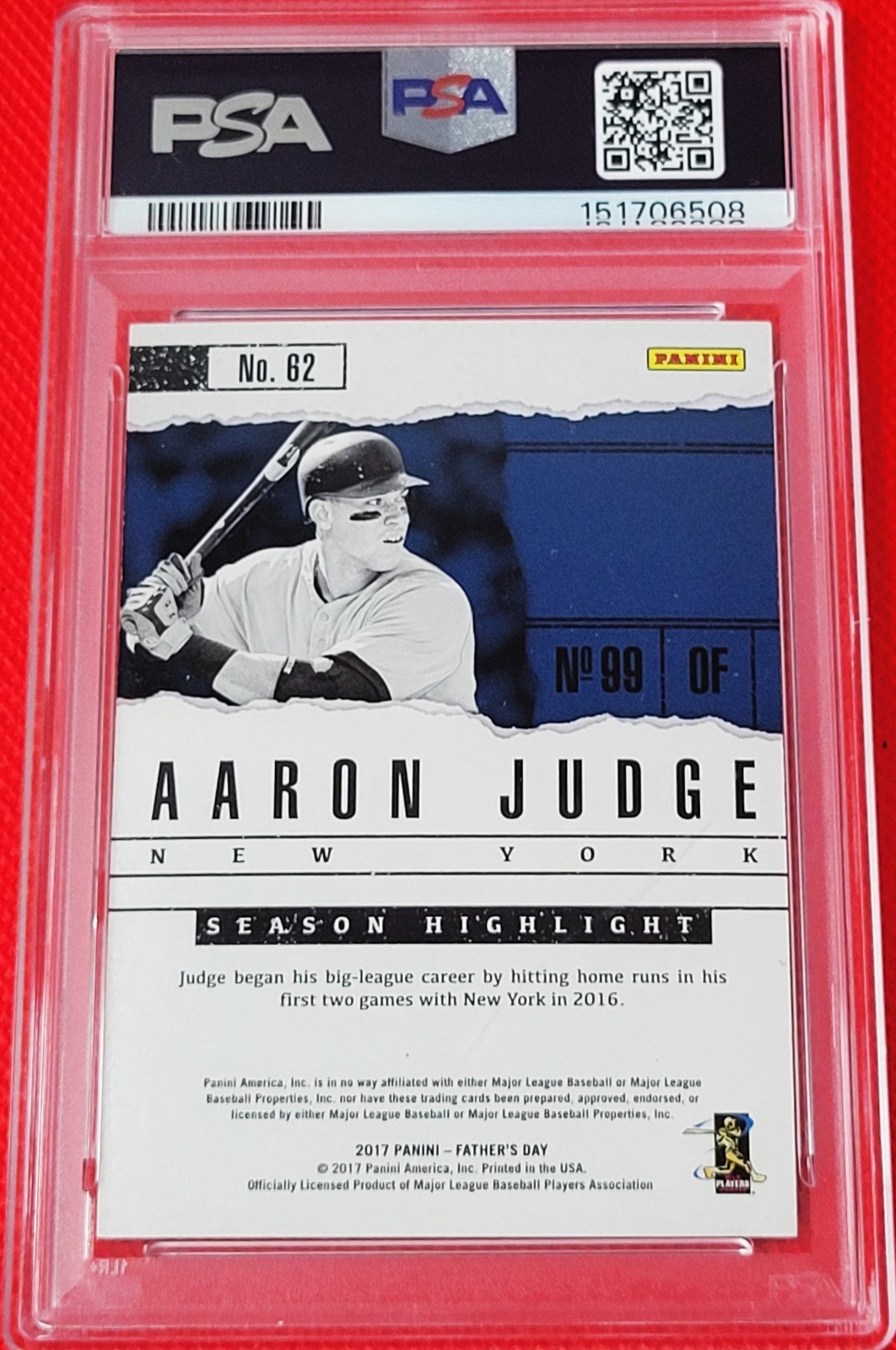 2017 Panini Aaron Judge Fathers Day Holo /499 Rookie #38 RC PSA Mint NY Yankees view 2