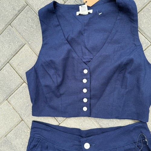 Christian Siriano Women's Navy Linen Blend Vest & Pant Lined Buttons NWT Size 8 - Picture 9 of 13
