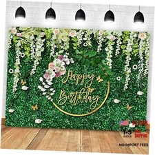 Happy Birthday Backdrop Green Grass and Flowers Wreath Photography 7x5ft