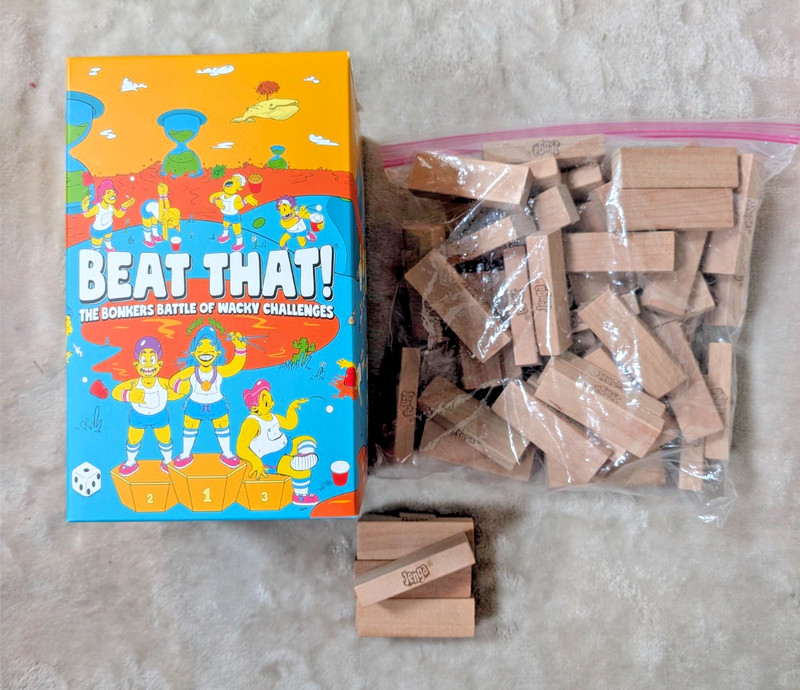 Game Night Bundle: Beat That! Wacky Challenges + Jenga 54pc Wood Blocks