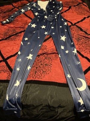 Womens One Piece Pajamas Blue White Star Moon Buttoned Flap V-Neck  M