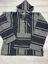 Baja Hoodie Mens Medium Gray Black Striped Mexican Pullover Poncho Hippie