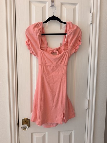 Hello Molly Pink Solid Square Neck Puff Sleeve A-Line Mini Dress L