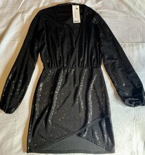 Boohoo Black Sequin Mini Dress V-Neck Long Sleeve Party/Cocktail Size 8