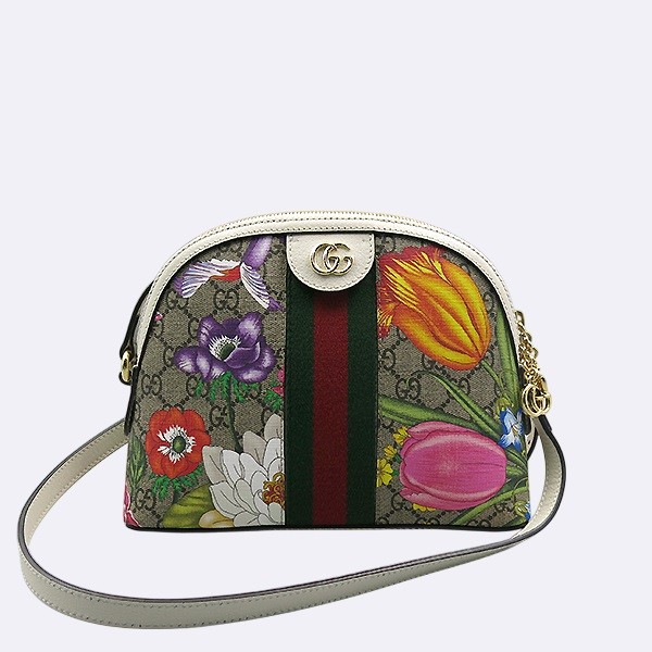 Gucci Ophedia white leather GG gold stripe crossbody bag with bloom pattern-image