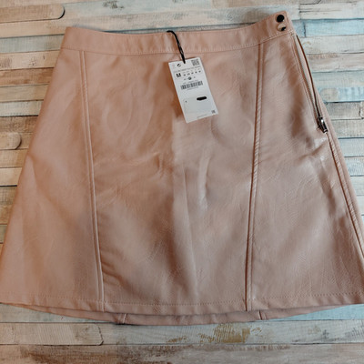 Zara Basic Beige Faux Leather A-Line Mini Skirt M Lined Zip and Snap Closure