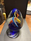 Vintage Art Glass Clear Paperweight Aqua Blue Yellow Red Swirl — photo 2