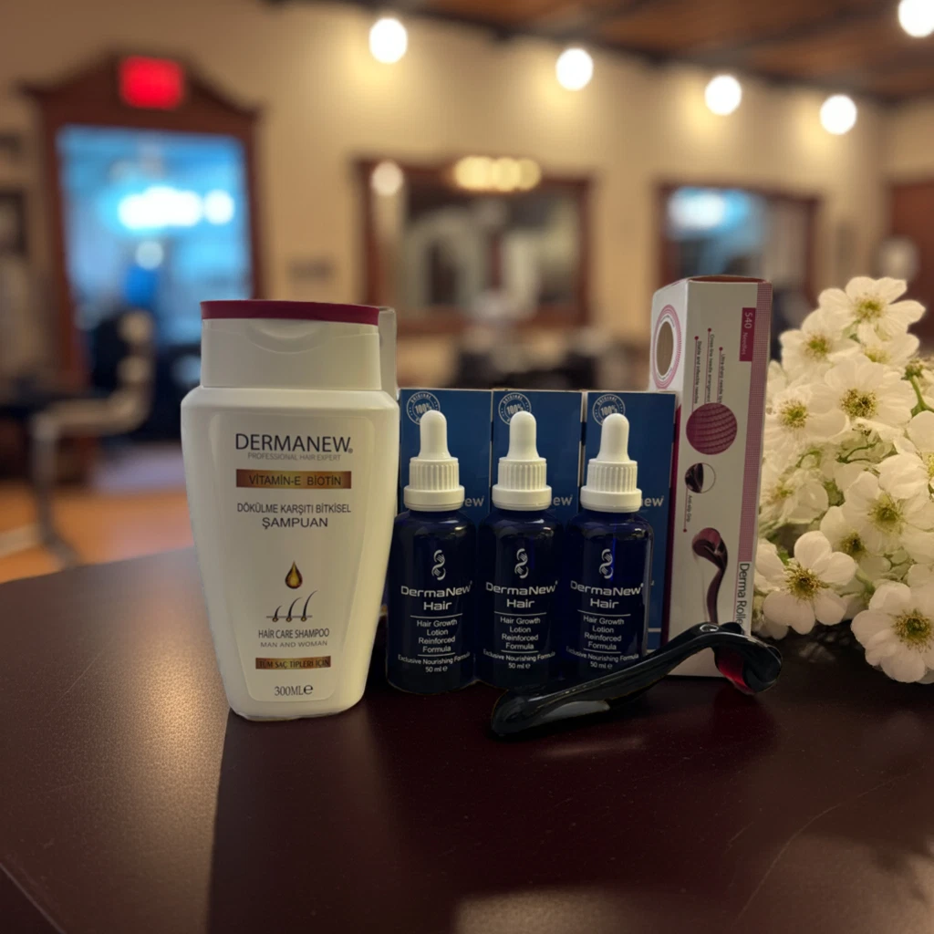 3 pcs Dermanew hair growth serum 50 ml+Shampoo with Biotin+Derma Roller